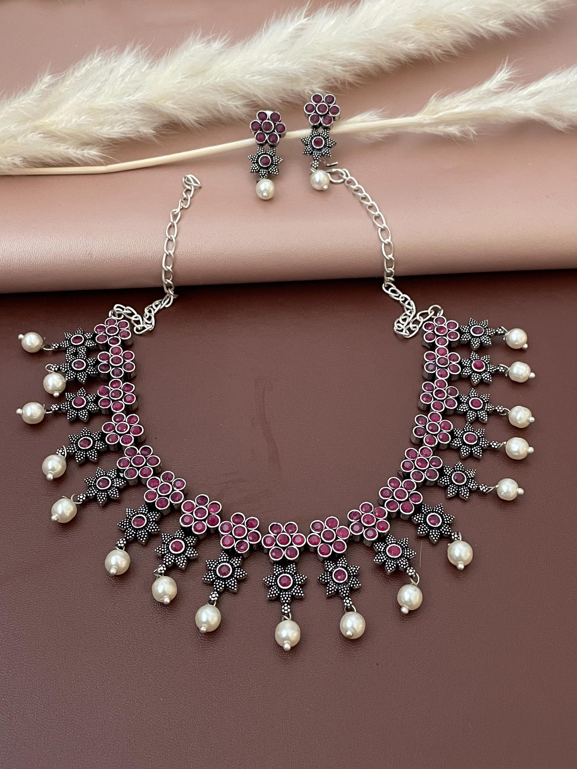 Ruby Stone Oxidized Necklace & Earrings: Indian Bollywood Jewelry