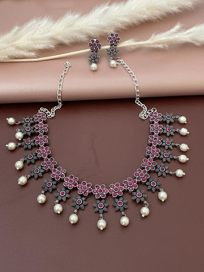 Ruby Stone Oxidized Necklace & Earrings: Indian Bollywood Jewelry