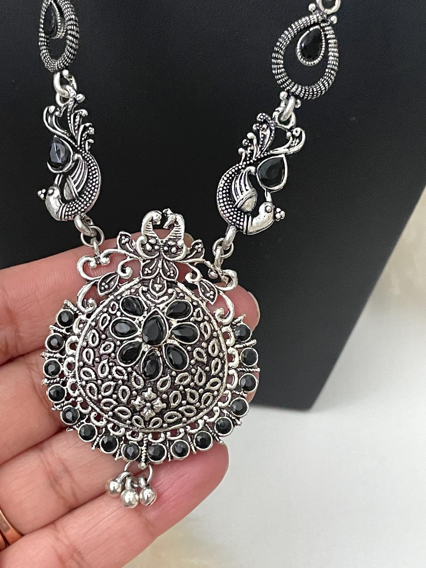 Nysaa Peacock themed Oxidized Necklace set with black stones long earrings