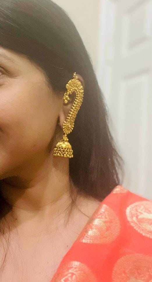 Gold Plated Jhumka Ear Cuffs: Indian Peacock Earrings