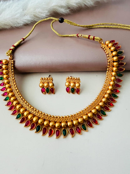 Antique Gold Layered Necklace Set: Bharatnatyam Dance Jewelry