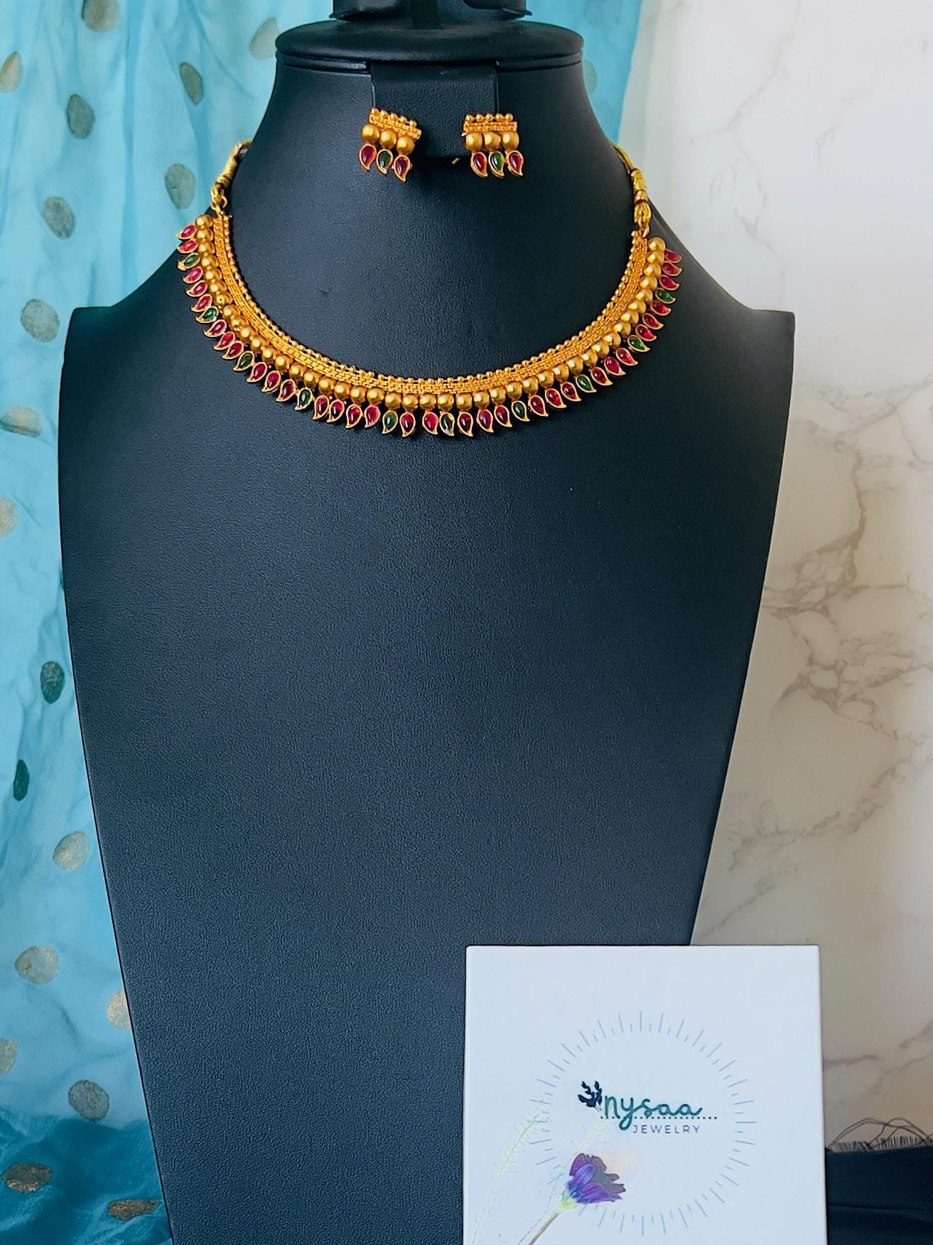 Antique Gold Layered Necklace Set: Bharatnatyam Dance Jewelry