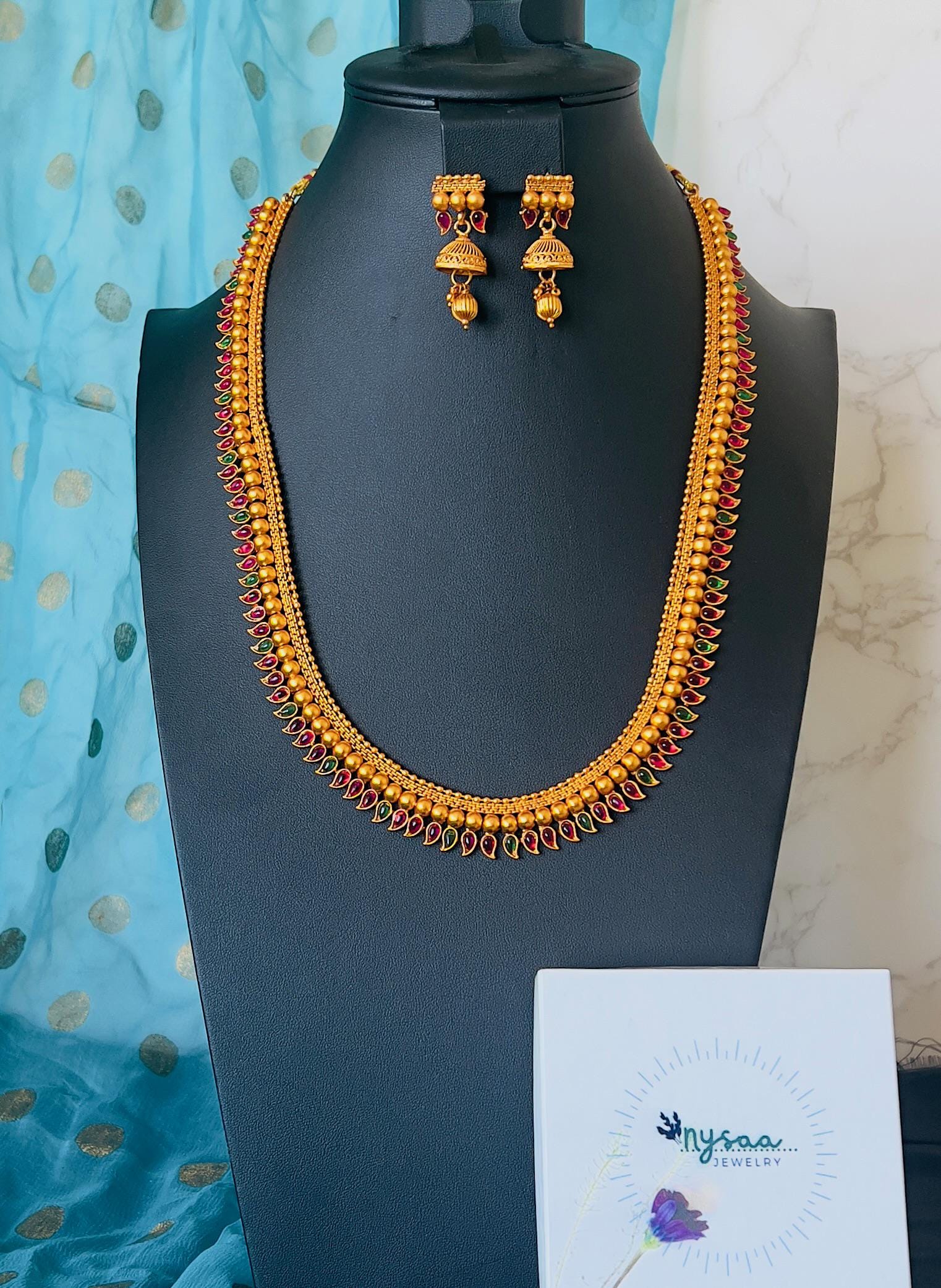 Antique Gold Layered Necklace Set: Bharatnatyam Dance Jewelry