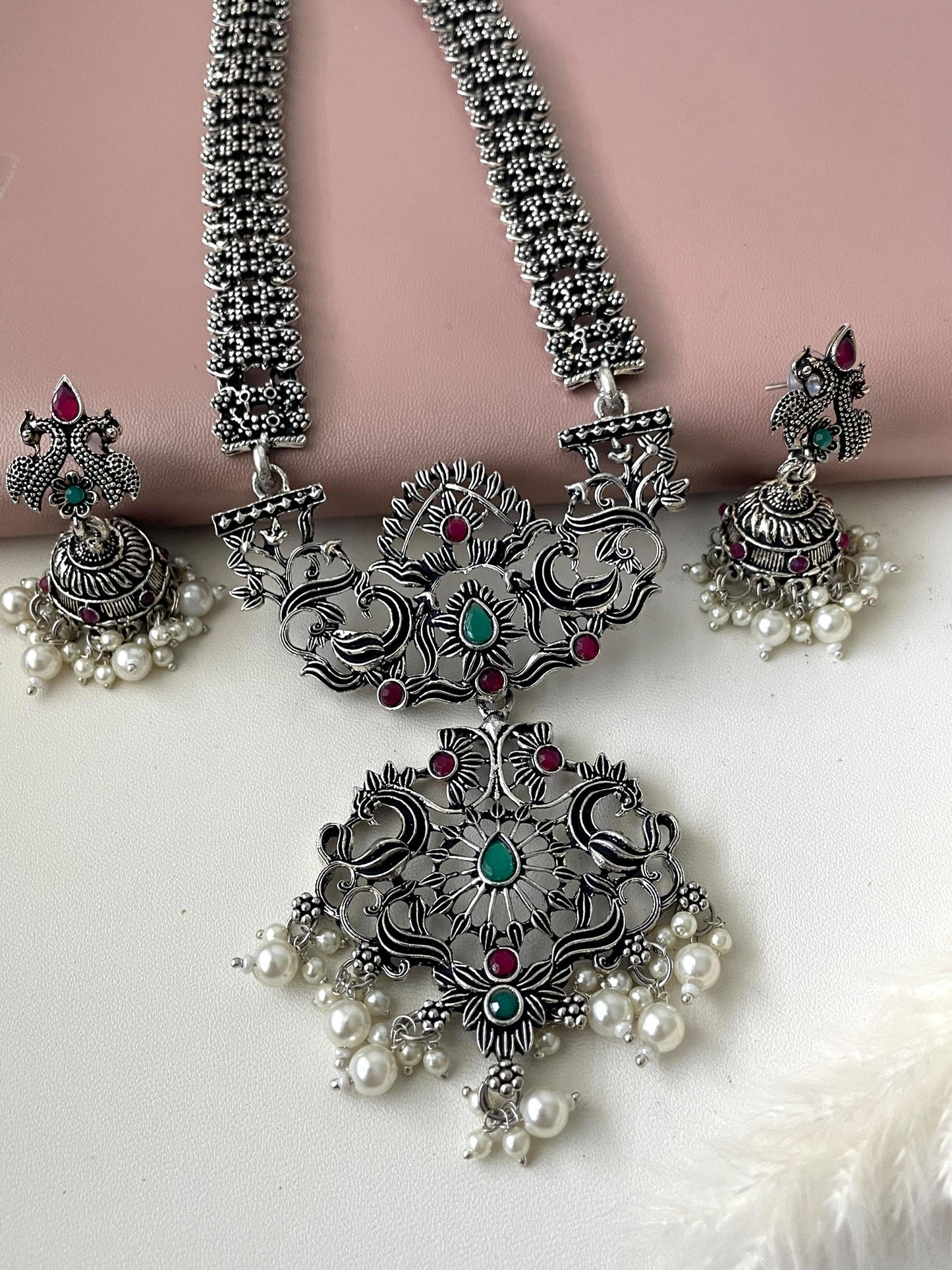 Ruby and green stone high quality long  Oxidised necklace with matching jhumki. Adjustable thread and intricate carvings