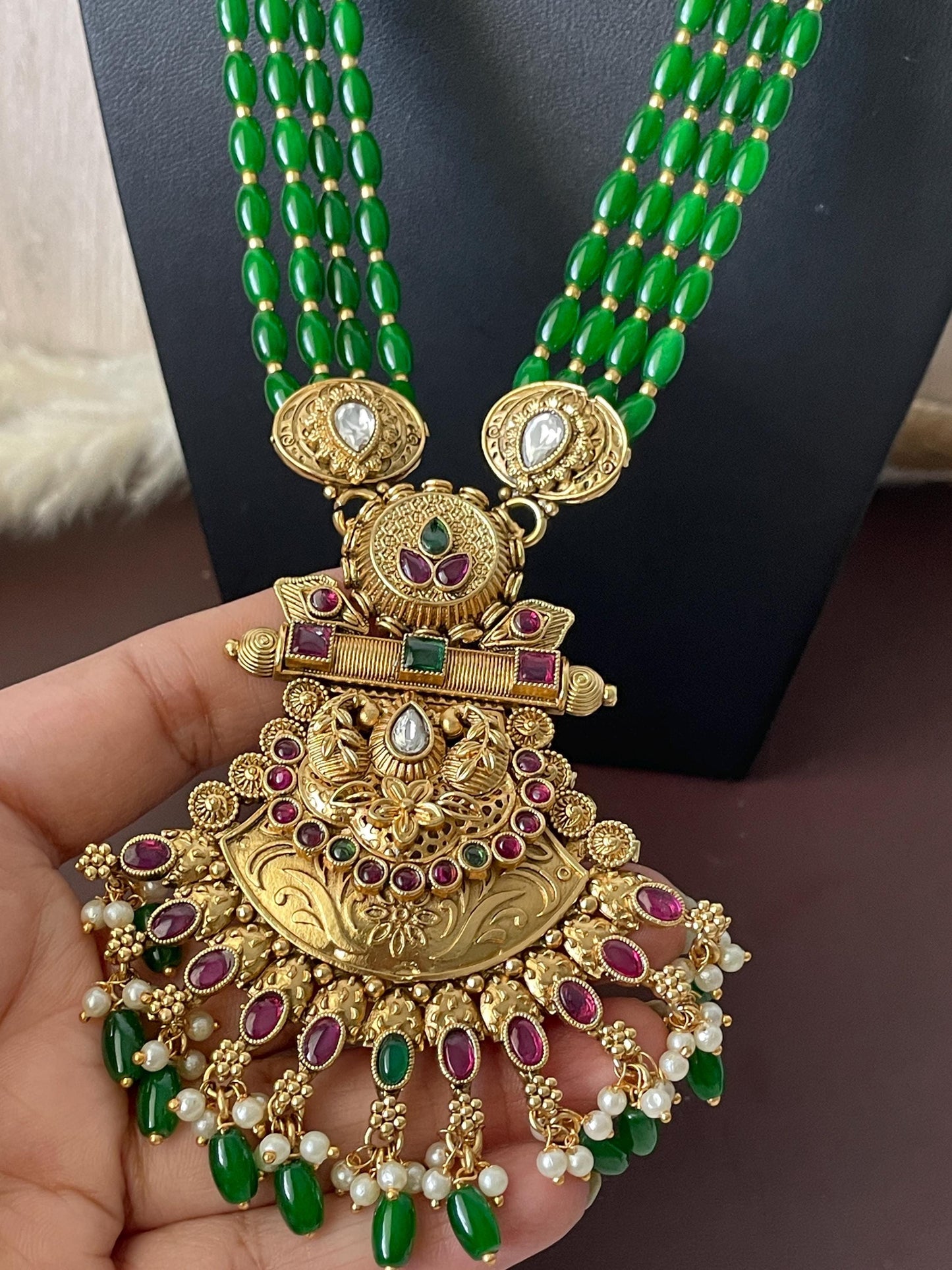 Green Beaded Antique Gold Plated Necklace Set: Temple Jhumka Jewelry