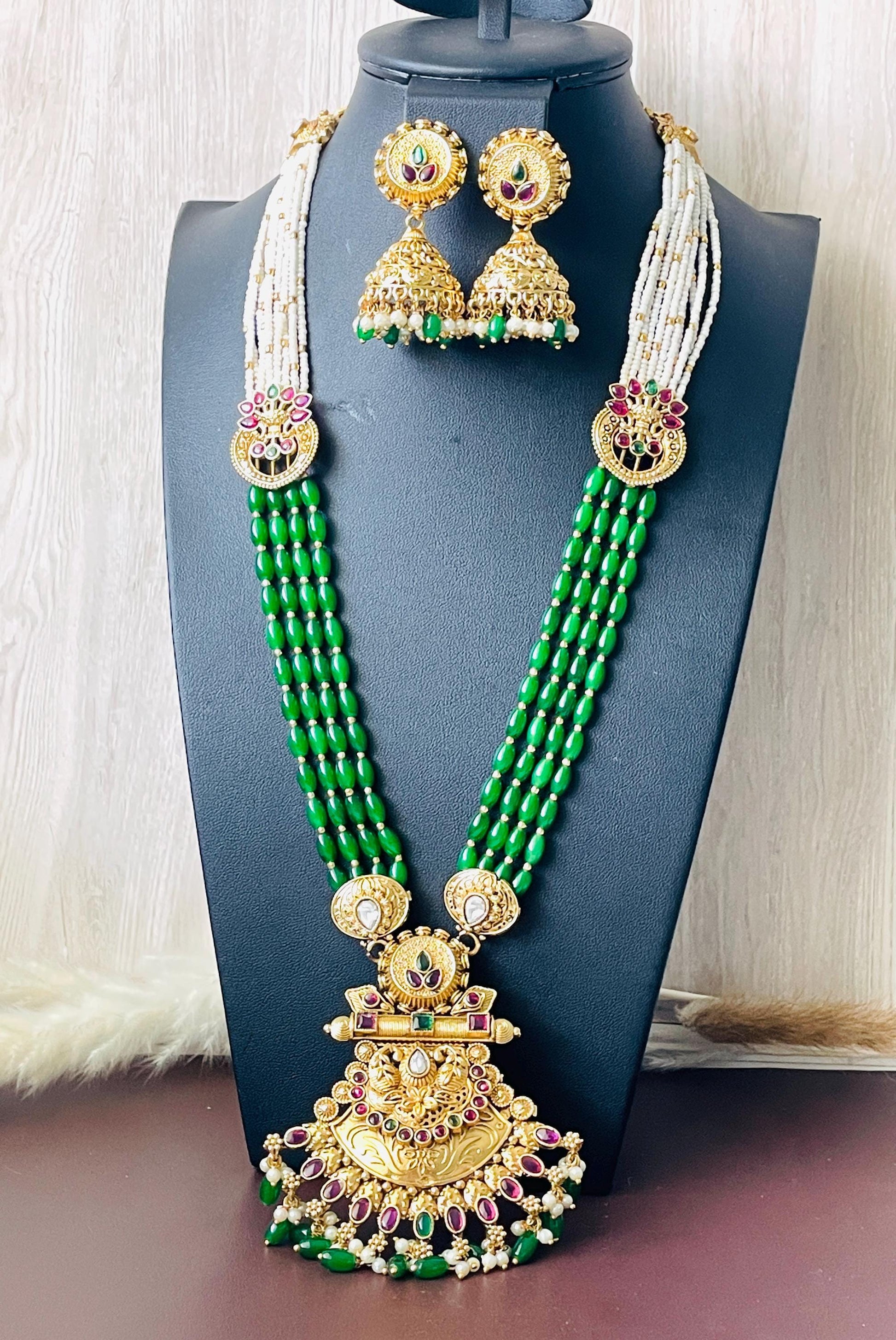 Green Beaded Antique Gold Plated Necklace Set: Temple Jhumka Jewelry