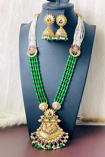 Green Beaded Antique Gold Plated Necklace Set: Temple Jhumka Jewelry