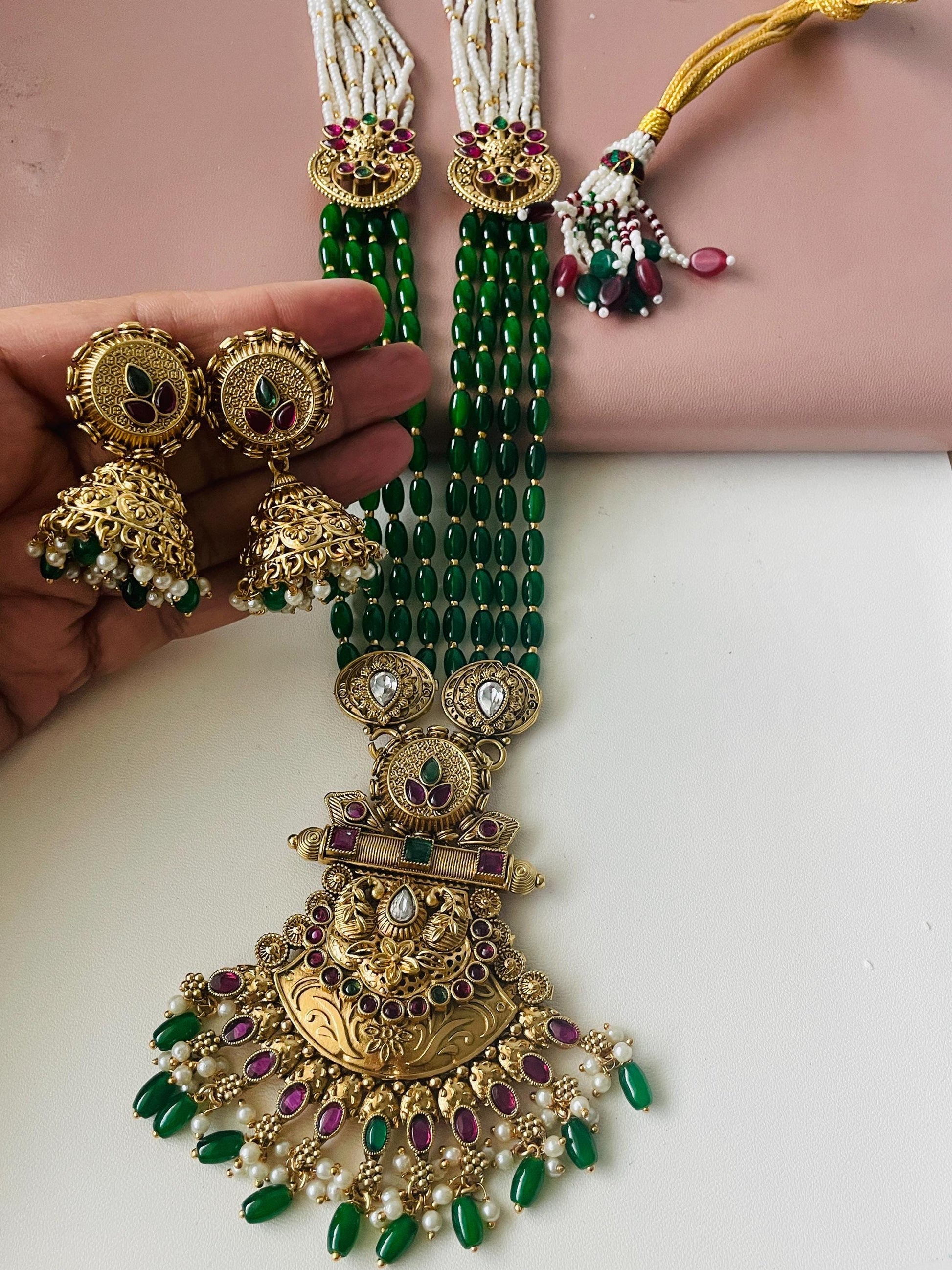 Green Beaded Antique Gold Plated Necklace Set: Temple Jhumka Jewelry