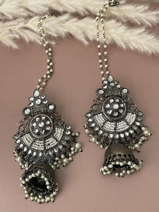 Black Oxidised big earrings with pearlearchain