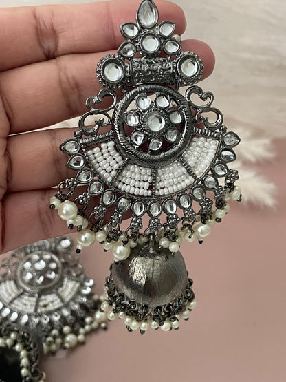 Oxidized Jhumki Earrings with Pearl Chain: Black Kundan Jewelry