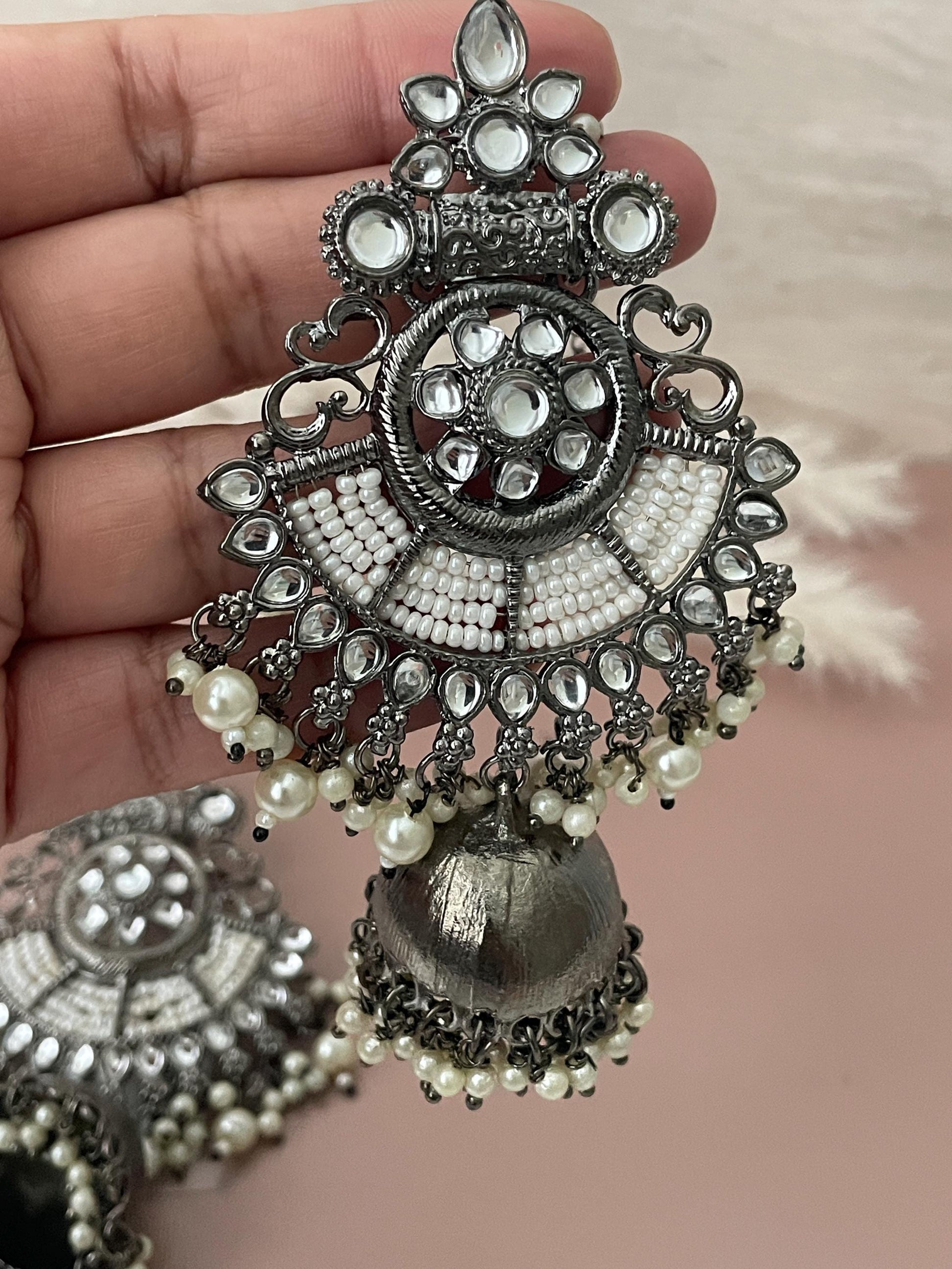 Oxidized Jhumki Earrings with Pearl Chain: Black Kundan Jewelry