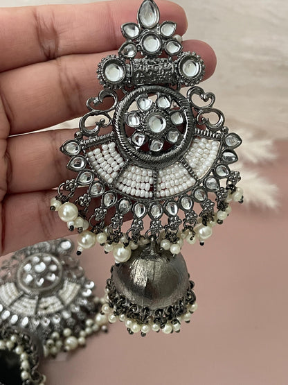 Oxidized Jhumki Earrings with Pearl Chain: Black Kundan Jewelry