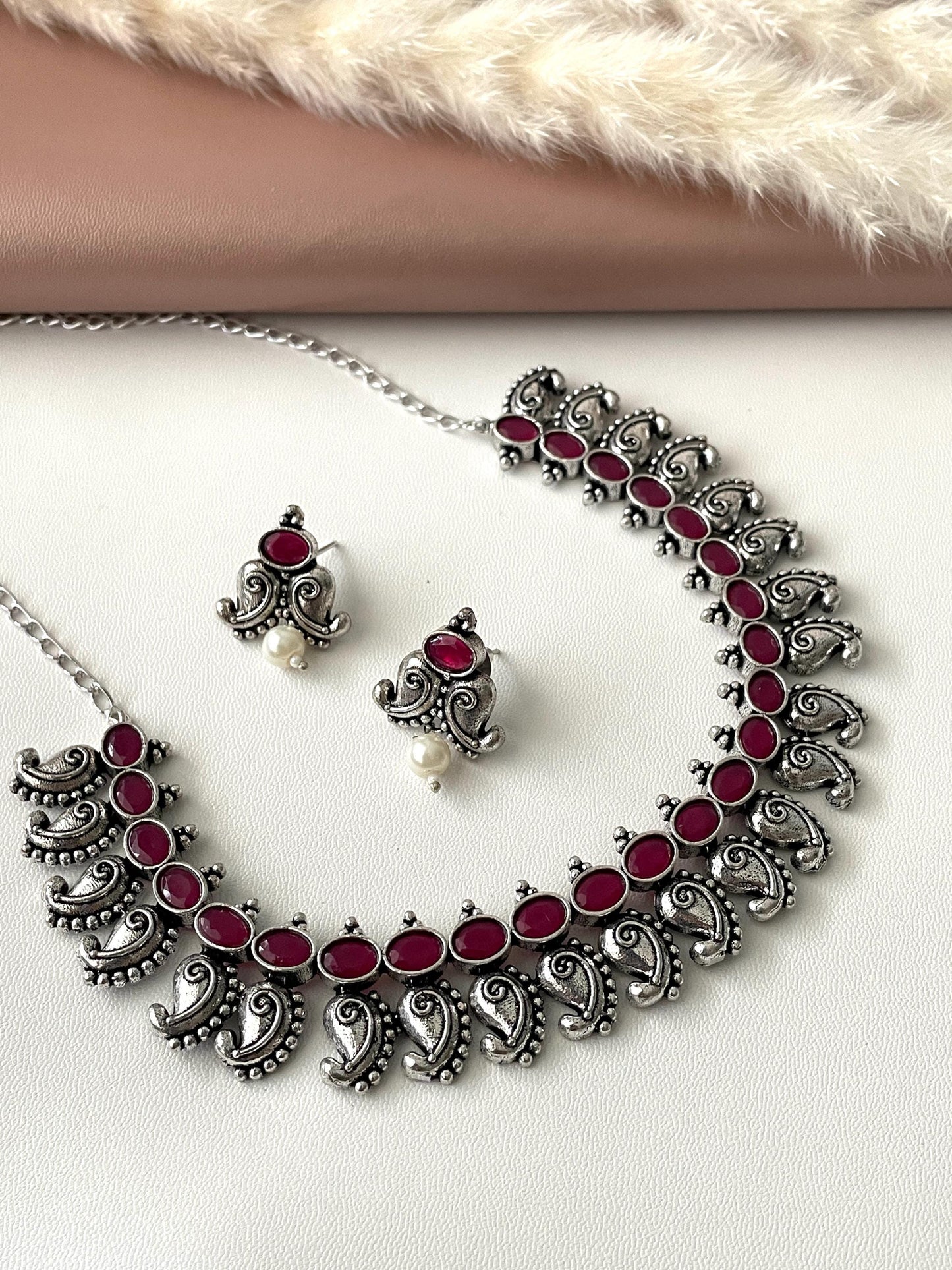 Ruby Stone Oxidized Necklace & Earrings: Indian Bollywood Jewelry
