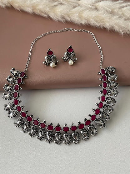 Ruby Stone Oxidized Necklace & Earrings: Indian Bollywood Jewelry
