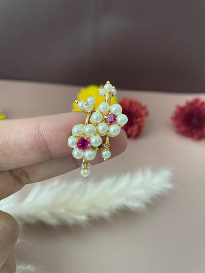 Maharashtrian Bugadi Earrings: Moti, CZ Ruby, Pearl Clip-Ons