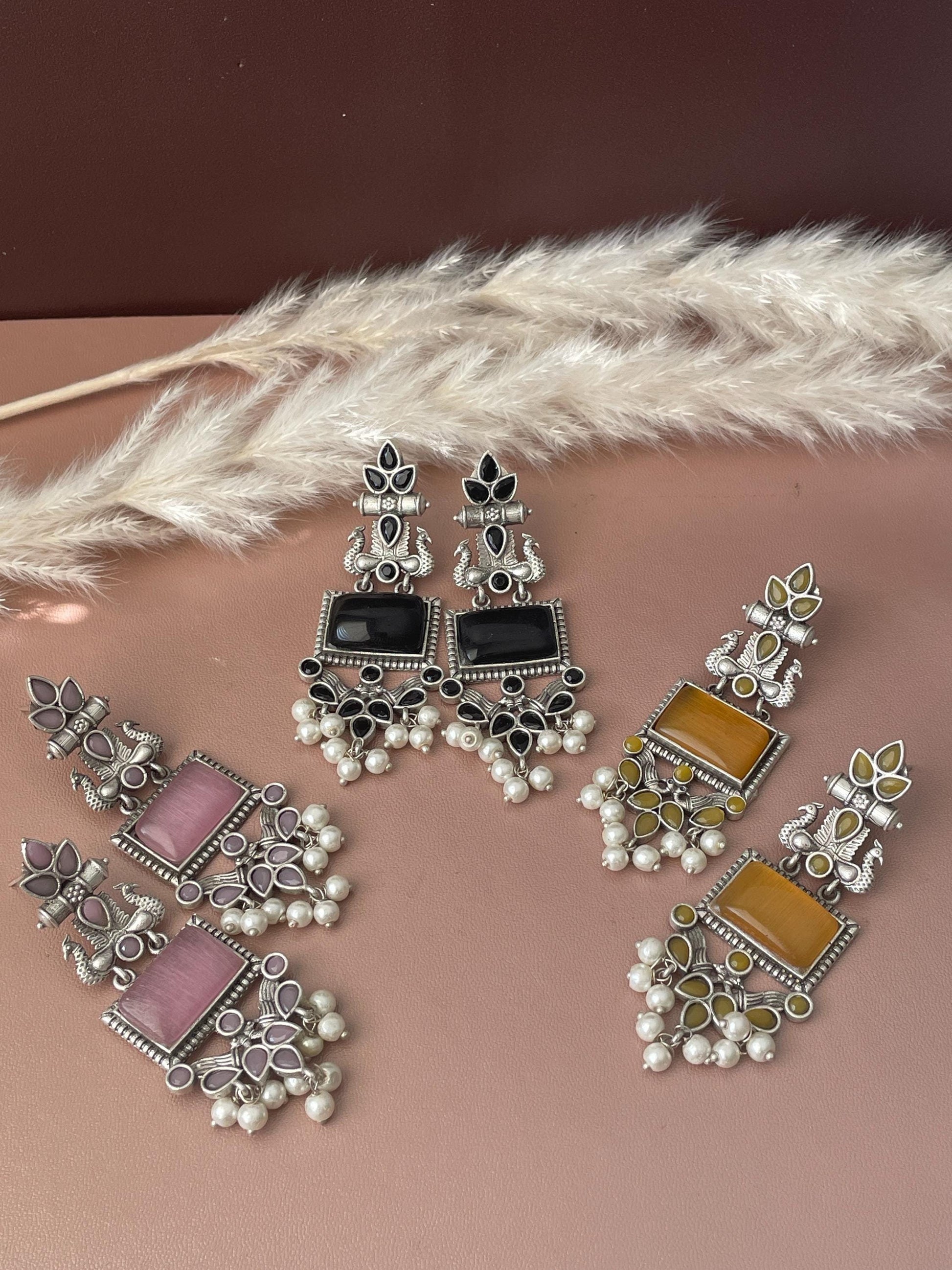 Peacock Monalisa stone Oxidised earrings , yellow pink and black colors available. 2.5 inch long