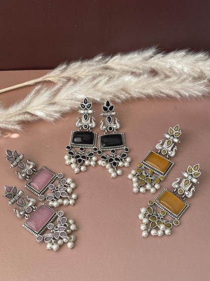 Peacock Monalisa stone Oxidised earrings , yellow pink and black colors available. 2.5 inch long