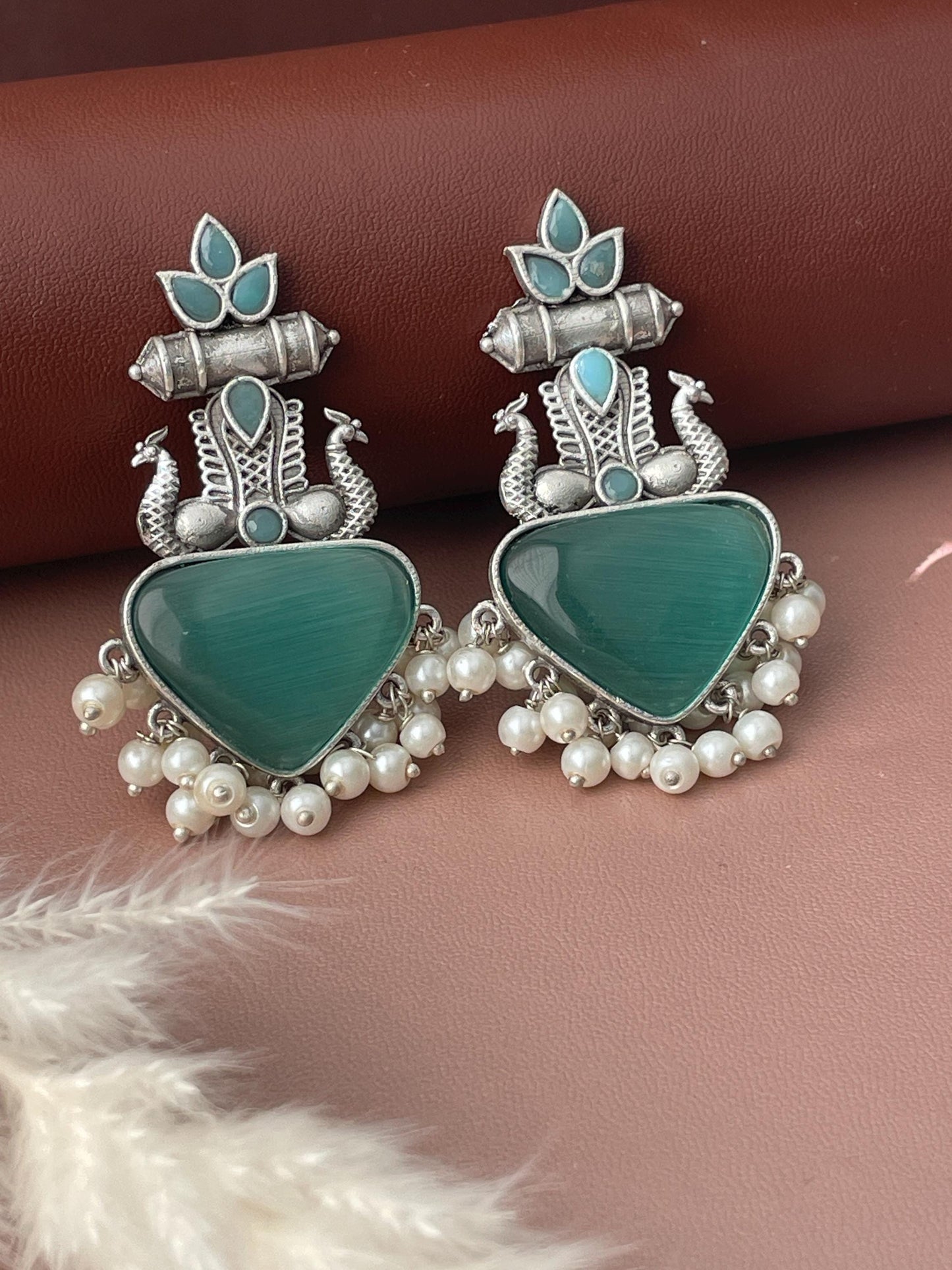 Mona Lisastone Oxidised earrings mint, sku blue and amber color available.