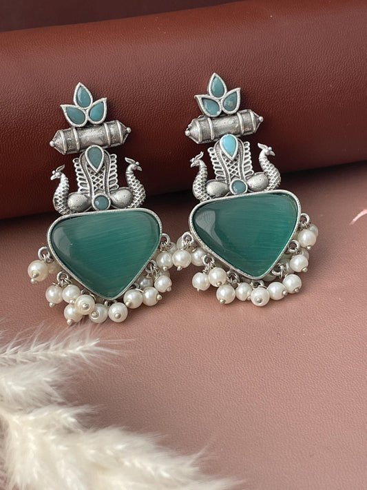Mona Lisastone Oxidised earrings mint, sku blue and amber color available.