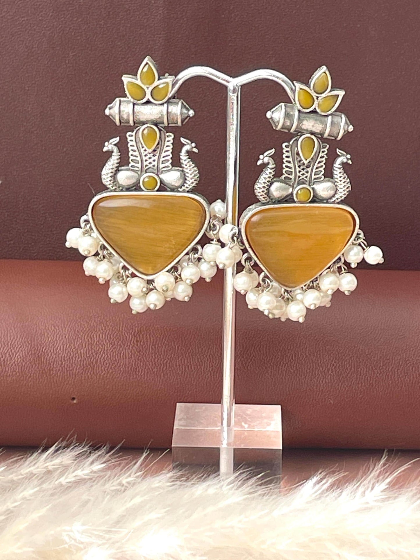 Peacock Oxidised Monalisa stone earrings | High quality colorful earrings| Oxidised pink yellow and black Navratri earrings