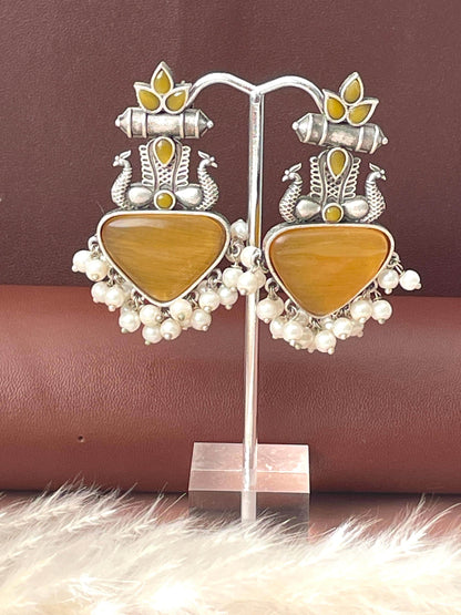Peacock Oxidised Monalisa stone earrings | High quality colorful earrings| Oxidised pink yellow and black Navratri earrings