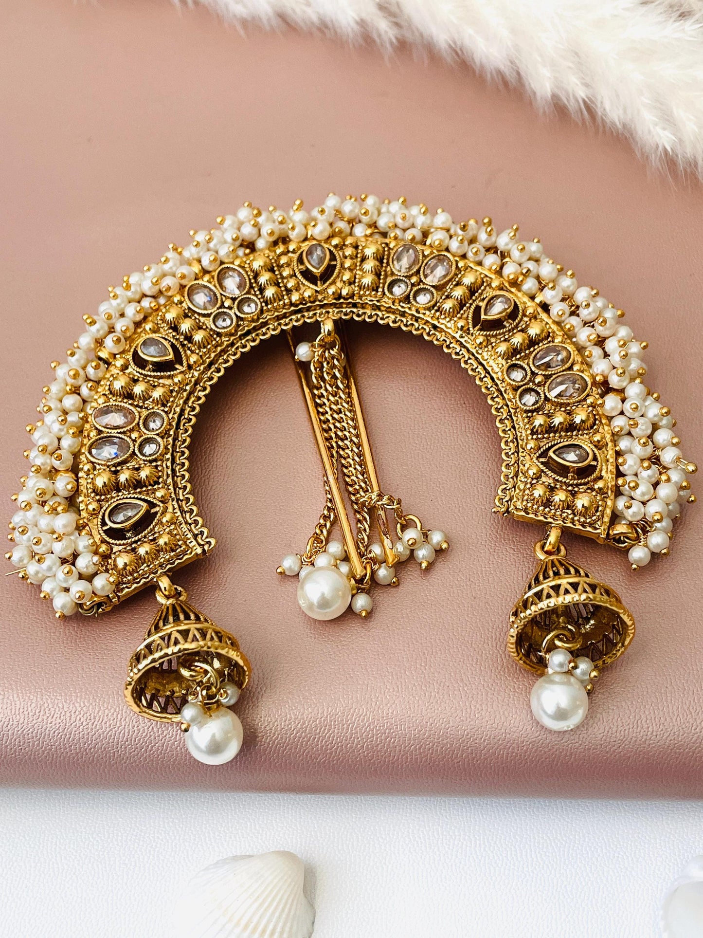 Antique gold plated kundan pearl hair accessory , Juda hair bun accessory
