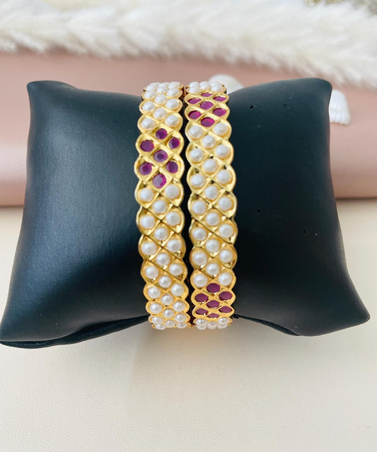 Gold plated pearl and Ruby stone bangles