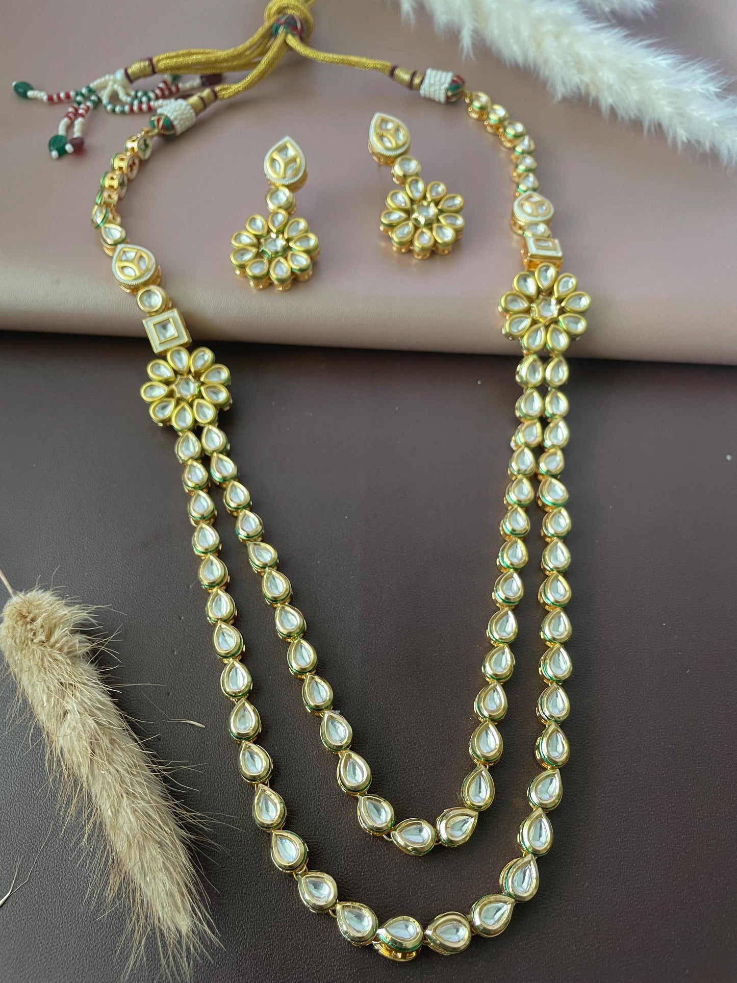 Gold Plated Kundan long layered Necklace Set: Indian Bridal Jewelry