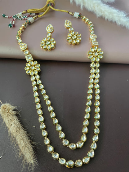 Gold Plated Kundan long layered Necklace Set: Indian Bridal Jewelry