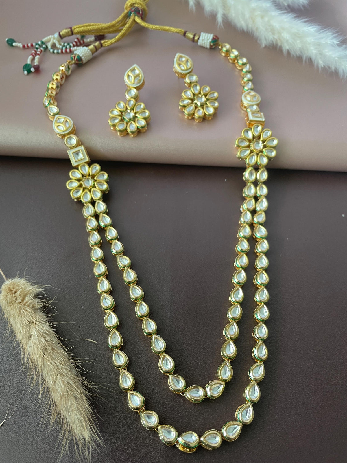 Gold Plated Kundan long layered Necklace Set: Indian Bridal Jewelry