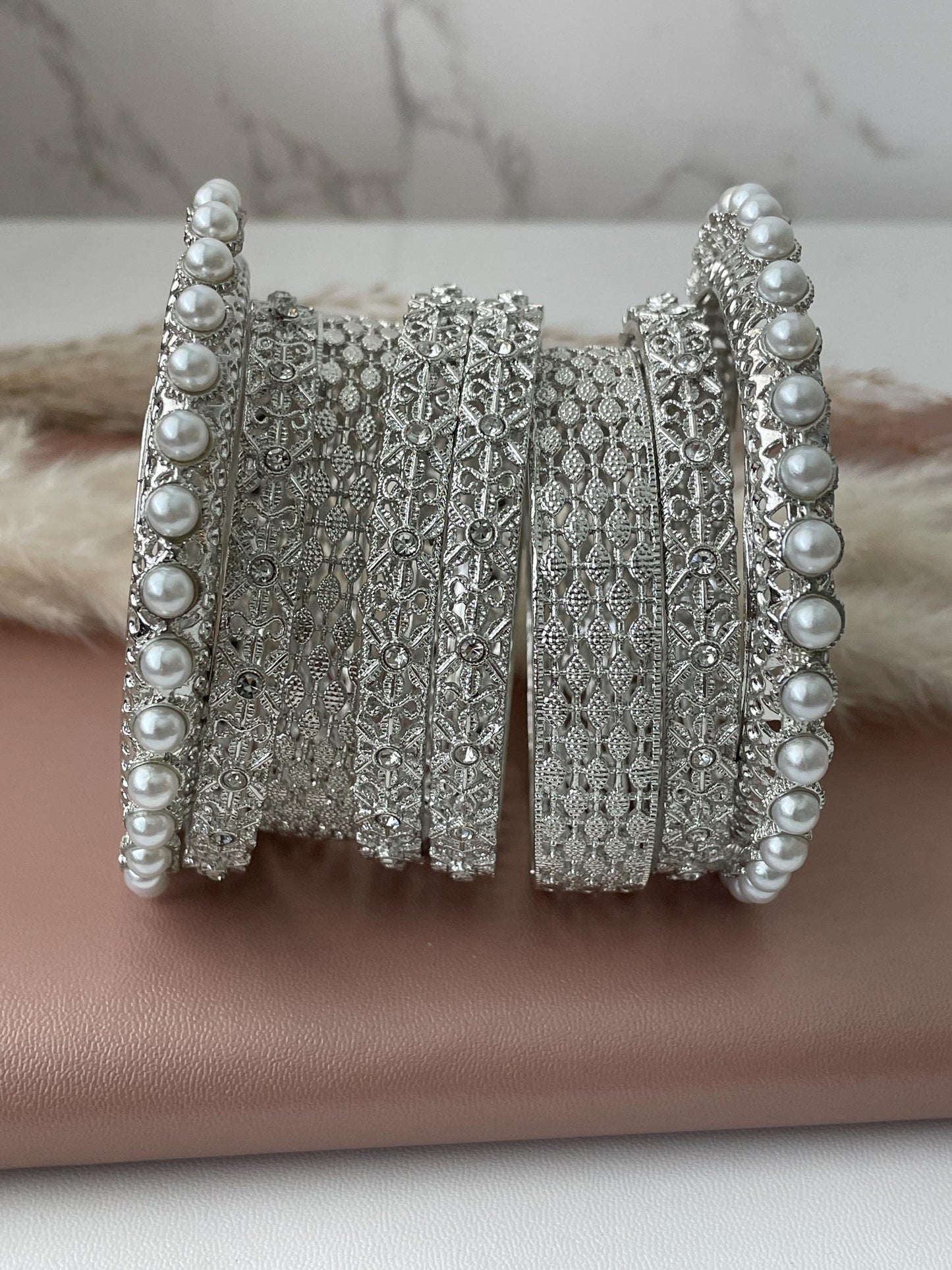 Silver Color Bangle Set | Pearl & Crystal Detail, Set of 8
