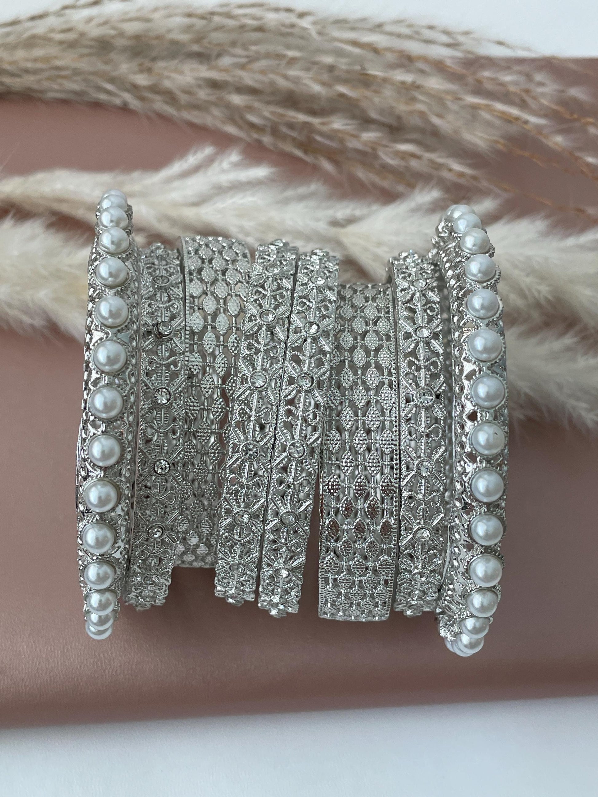 Silver Color Bangle Set | Pearl & Crystal Detail, Set of 8