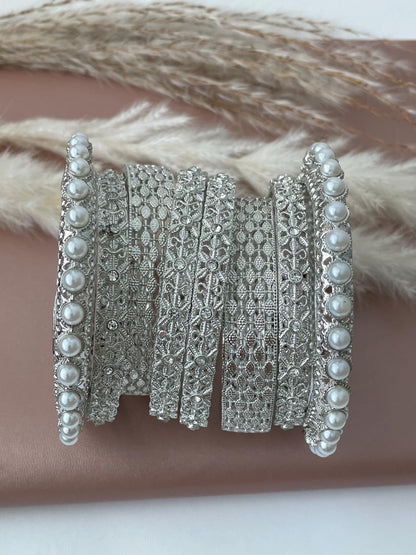 Silver Color Bangle Set | Pearl & Crystal Detail, Set of 8