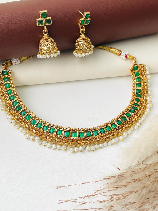 Green Stone Pearl Gold Plated Necklace Set