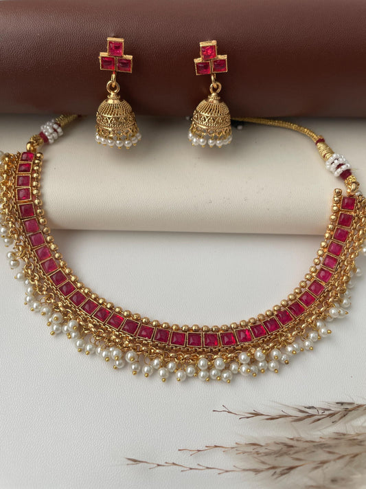 Ruby pearl or green gems and pearl collar necklace set