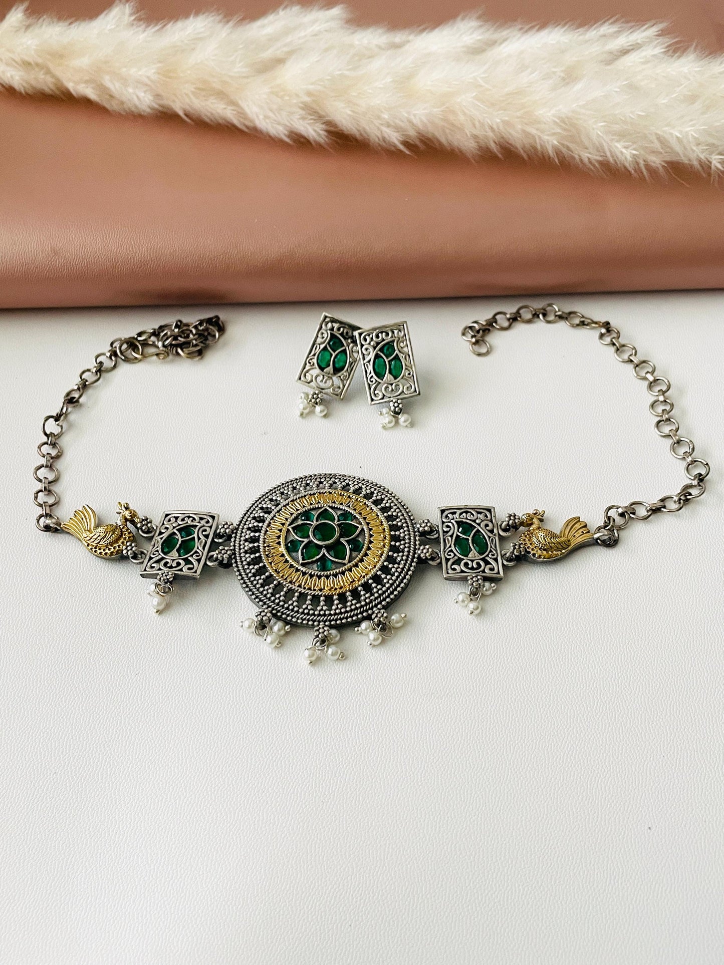 Oxidized Choker Necklace & Earrings Set: Indian Style Jewelry