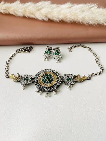 Oxidized Choker Necklace & Earrings Set: Indian Style Jewelry