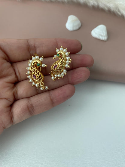 Maharashtrian Bugadi Earrings: Moti, CZ Ruby, Pearl Clip-Ons