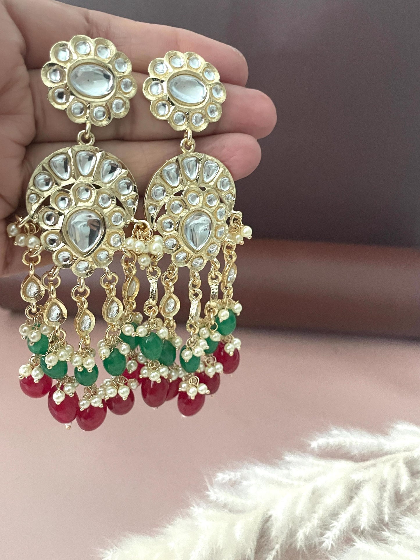 Kundan Dangle Earrings with Colored Beads & Maang Tika: Festive Jewelry