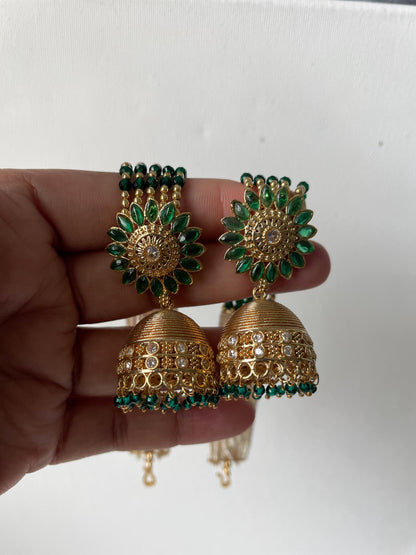 Gold Plated Jhumki Earrings with Ear Chain: Bridal Jewelry