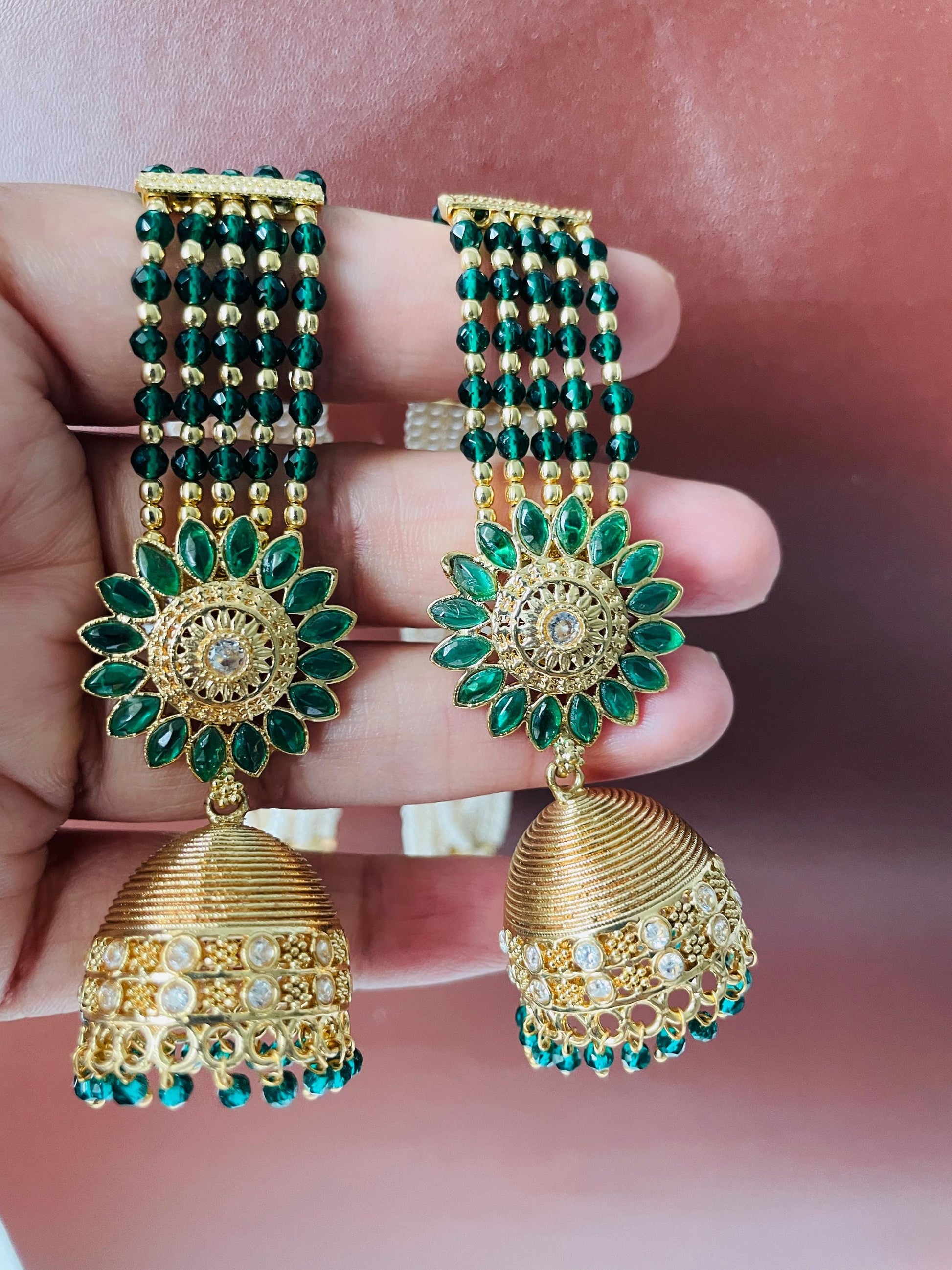 Gold Plated Jhumki Earrings with Ear Chain: Bridal Jewelry