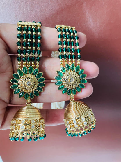 Gold Plated Jhumki Earrings with Ear Chain: Bridal Jewelry