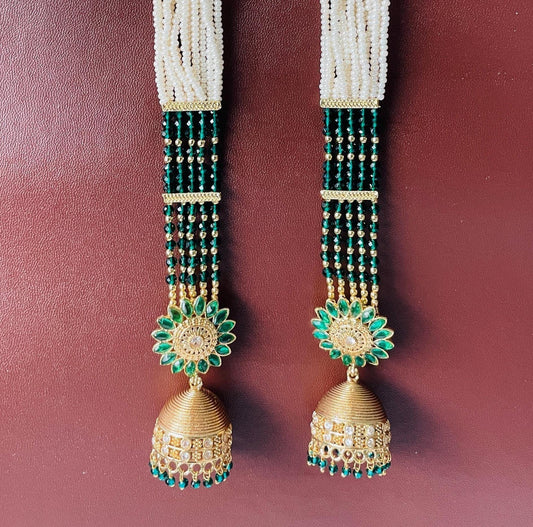 Jhumkis with attached pearl n green beads ear chain