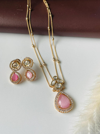 Cubic zirconia kundan gold platedpendant necklace set