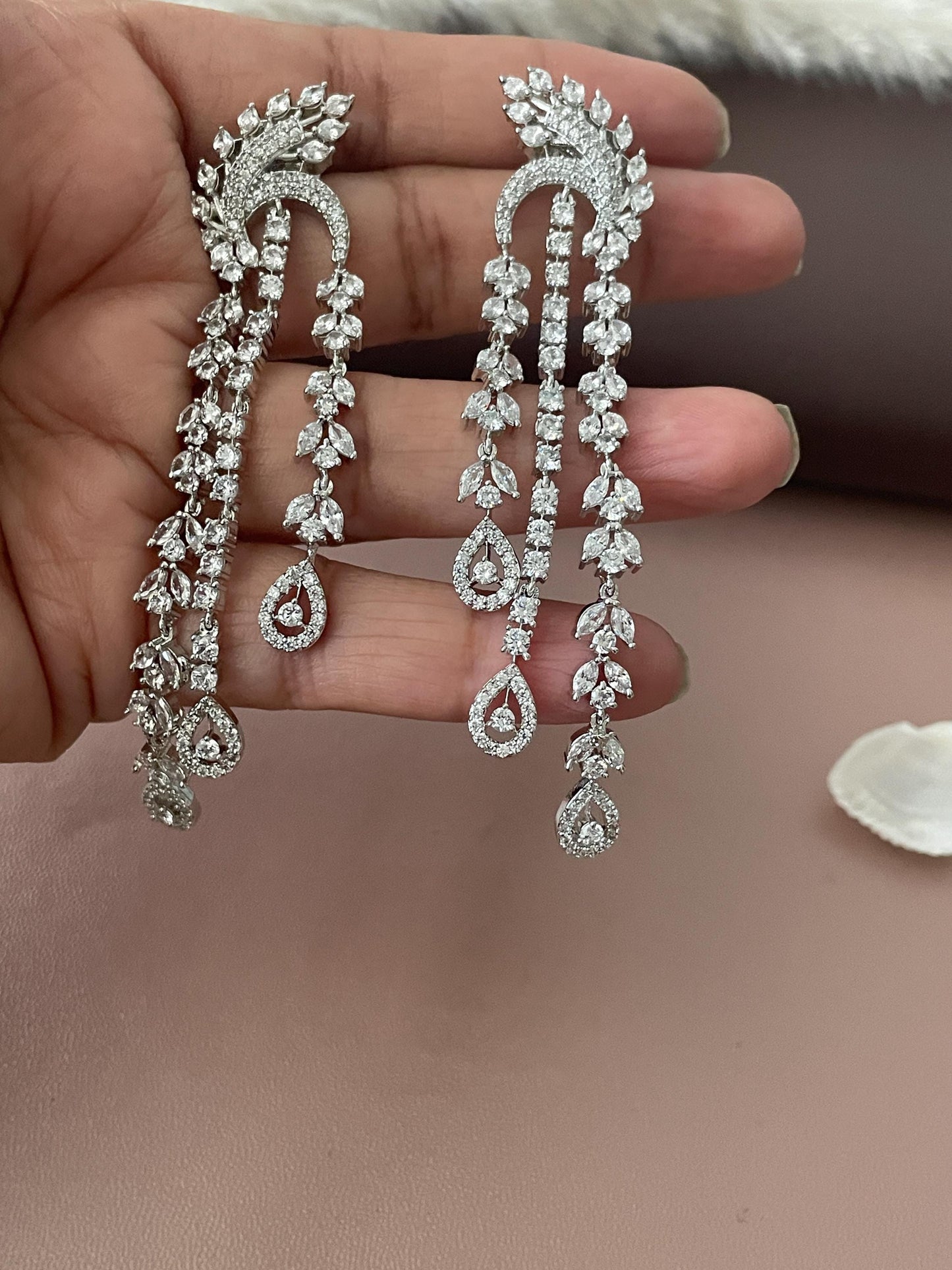 Long Cubic Zirconia Dangle Earrings: Indian Bollywood Jhumke Style