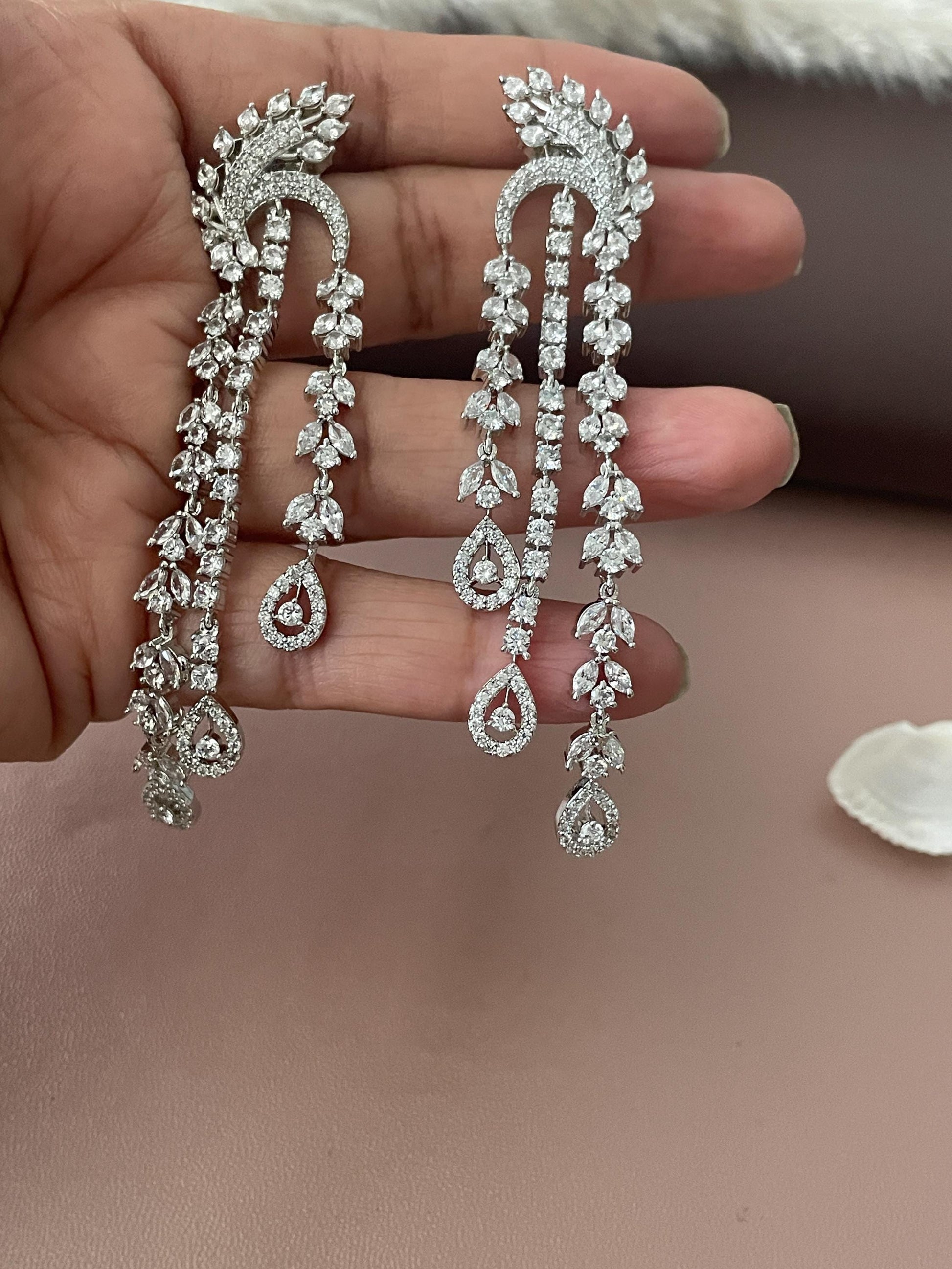Long Cubic Zirconia Dangle Earrings: Indian Bollywood Jhumke Style