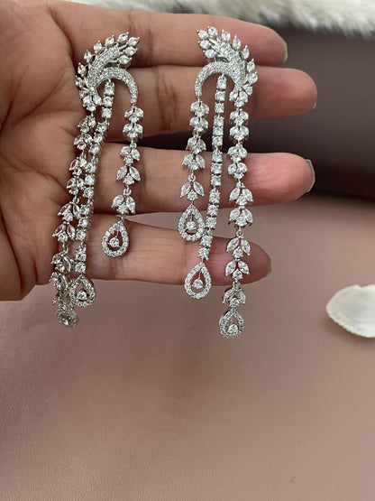 Long Cubic Zirconia Dangle Earrings: Indian Bollywood Jhumke Style