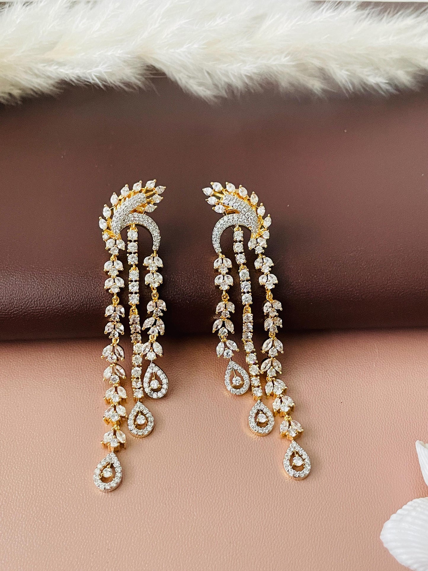 Long Cubic Zirconia Dangle Earrings: Indian Bollywood Jhumke Style