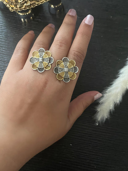 Oxidized Silver Two Finger Ring: Daisy Statement Ring
