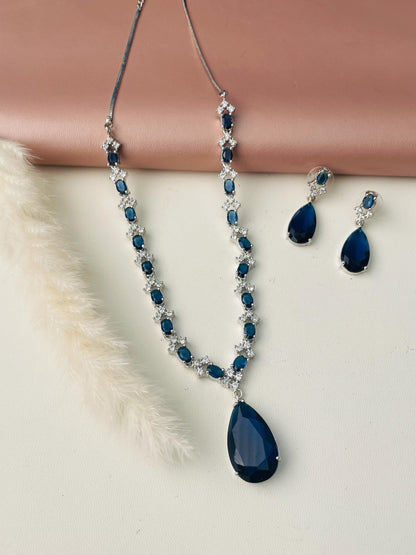 Blue Cubic Zirconia Necklace Set: Rhodium Plated Indian Jewelry